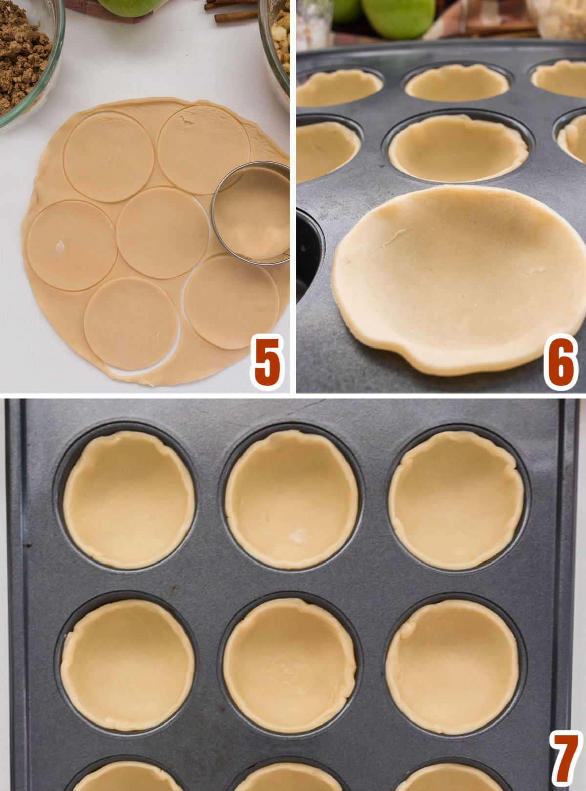 Collage image showing how to make the mini pie crusts in the muffin tin.
