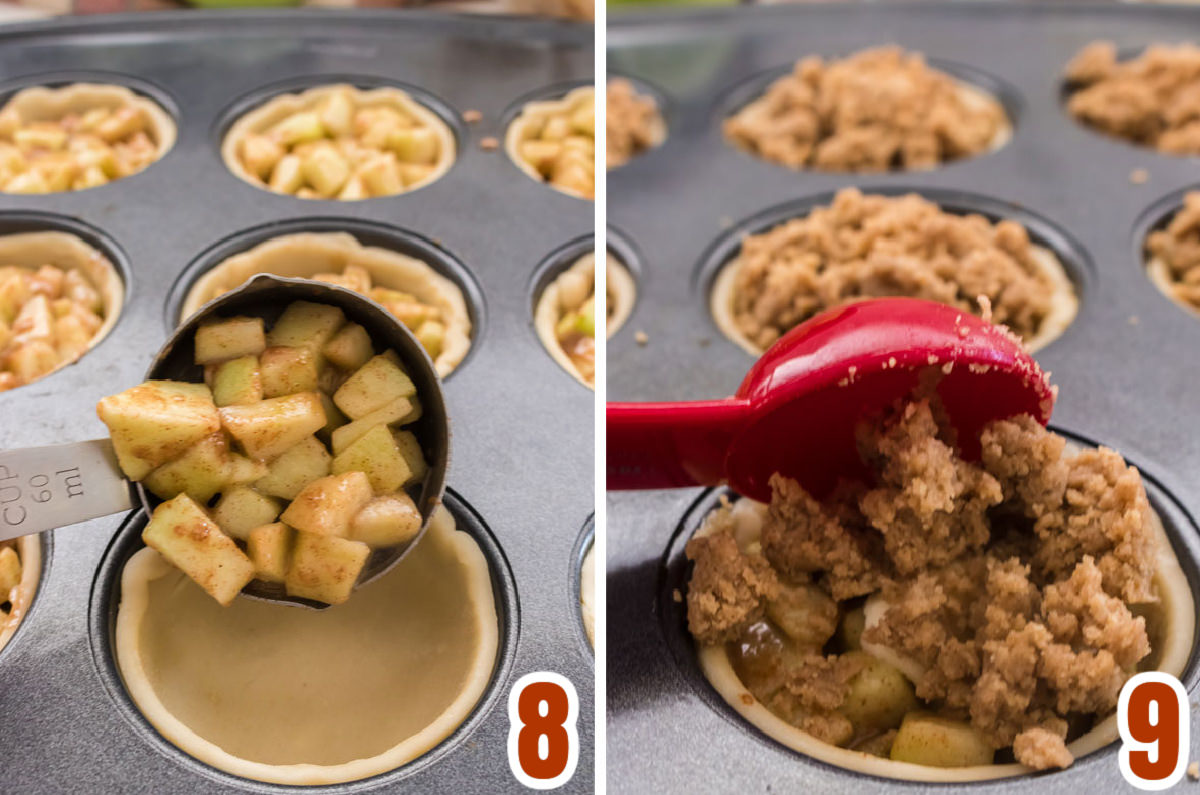 Collage image showing how to fill the pie crusts with the pie filling and the crumb topping.