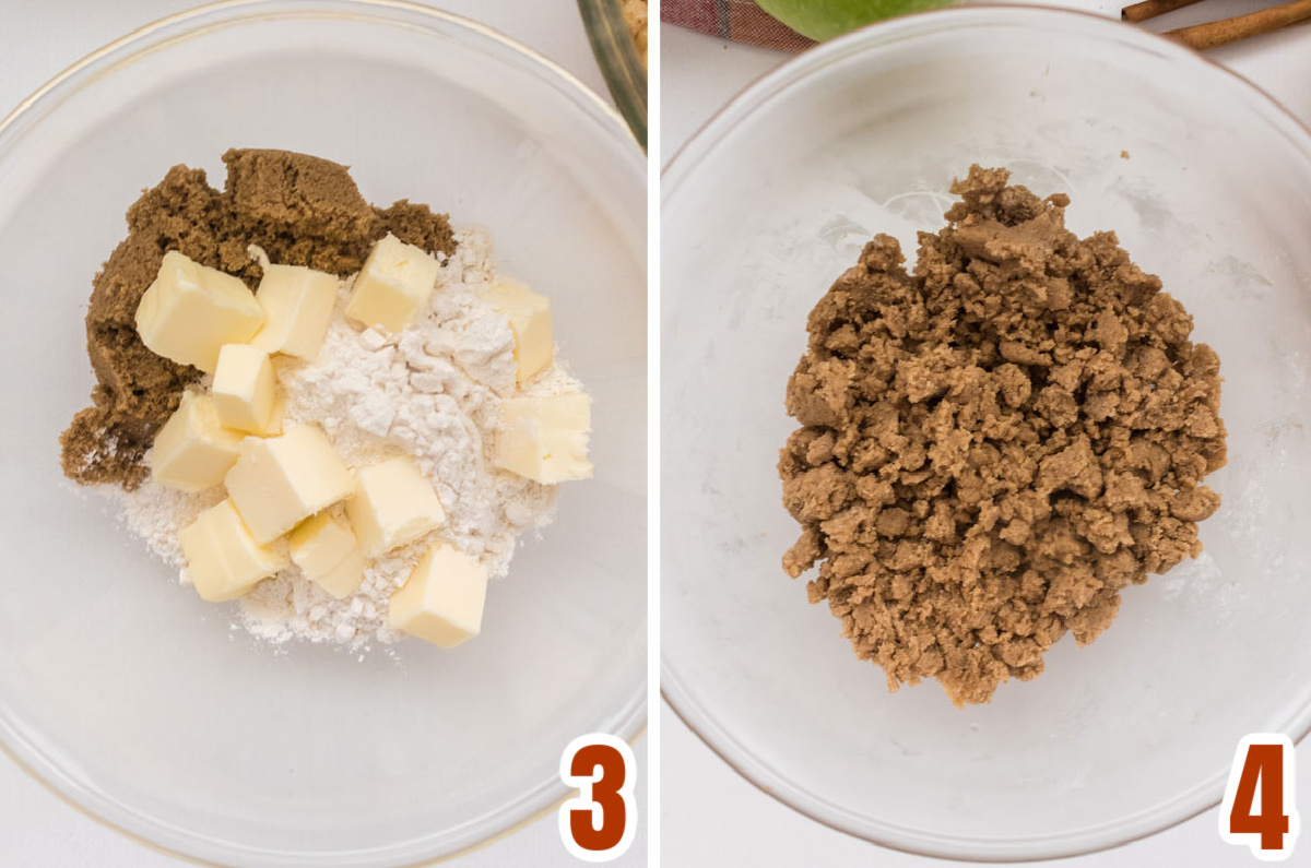 Collage image showing how to make the brown sugar and butter crumble topping.