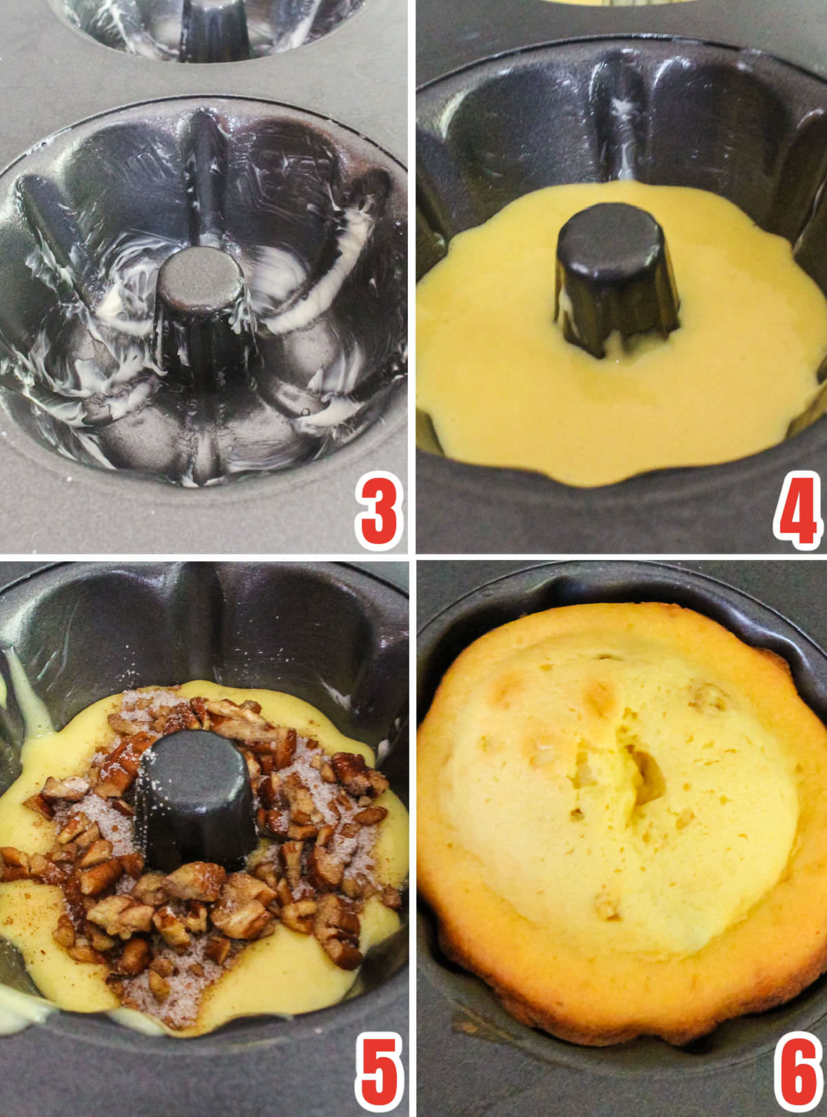 Collage image showing how to pour the cake batter and the cinnamon filling in the mini bundt pan.
