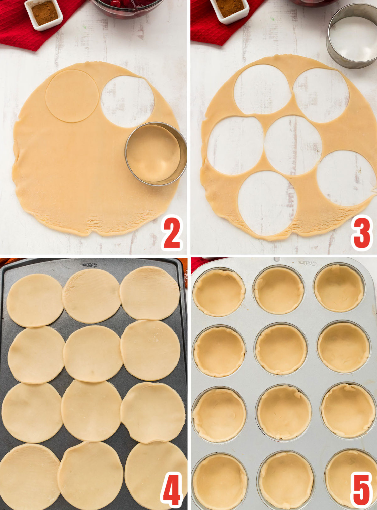 Collage image showing how to make the Mini Pie Crusts and how to press them into the muffin tin.