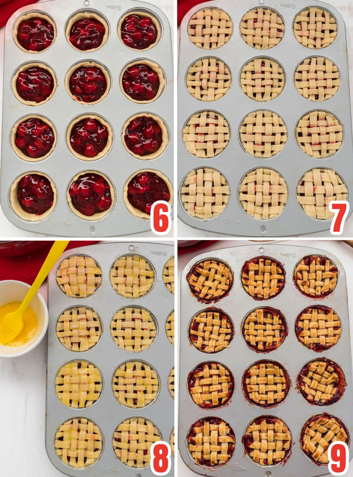 Collage image showing how to fill the pie crusts with cherry filling and lattice top to the pies.