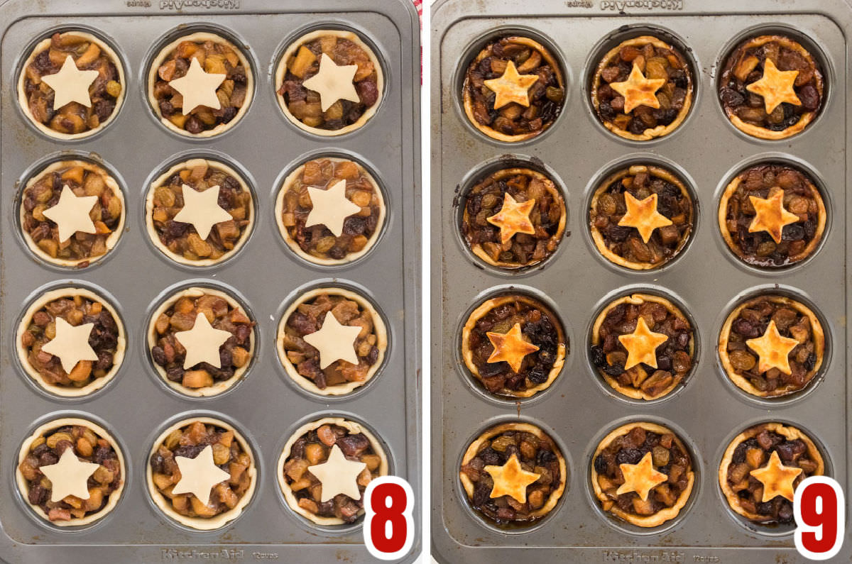 Collage image showing the Mini Mince Pies before going in the oven and after coming out of the oven.