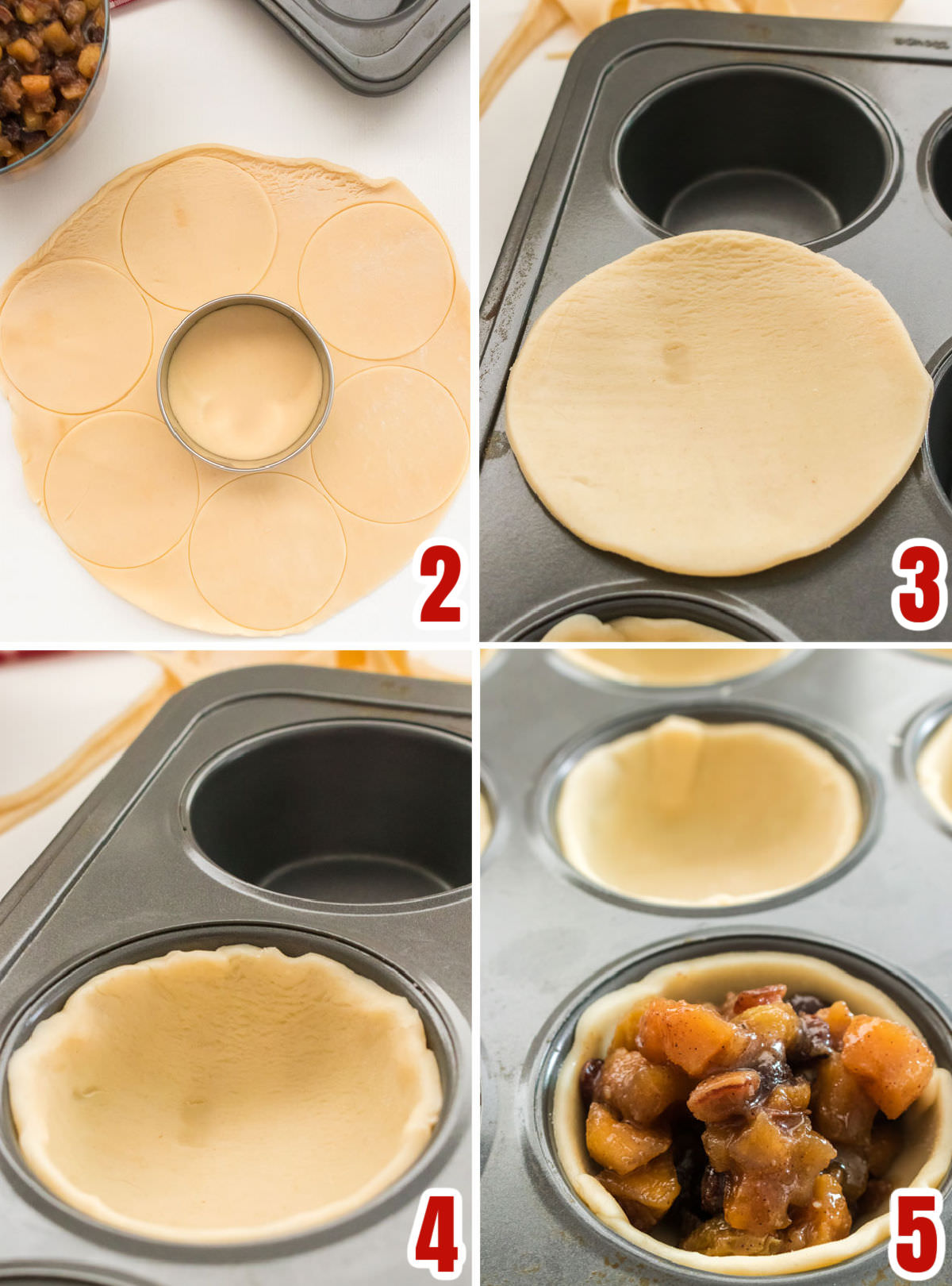 Collage image showing the steps for preparing the Pie Crust for the Mini Pies.