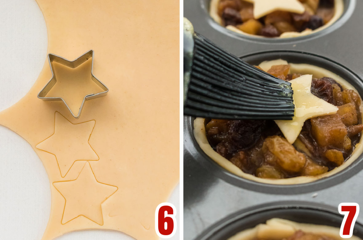 Collage image showing the steps for adding the star pastry top to the Mini. Mincemeat Pies.