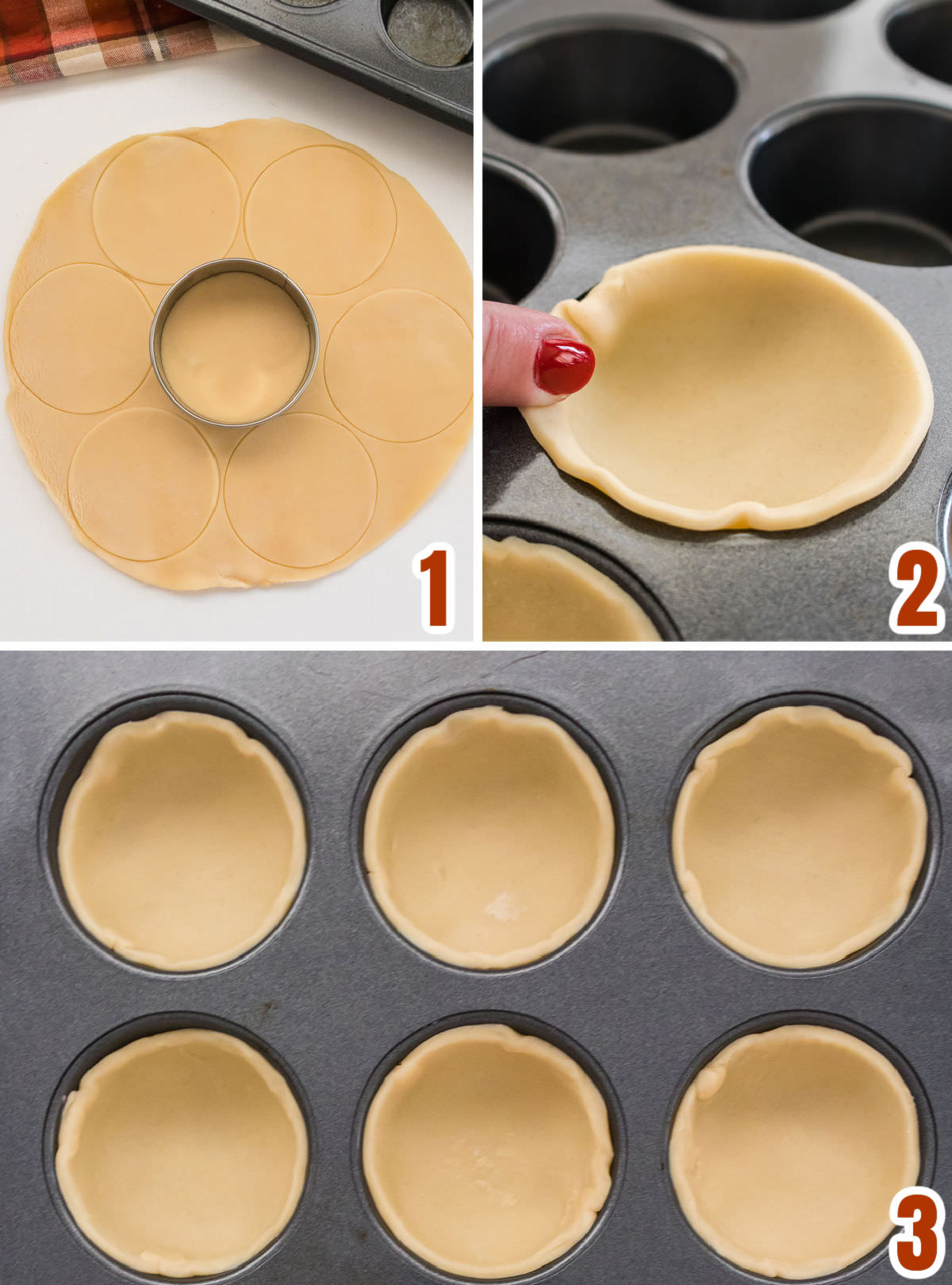 Collage image showing how to make the pie crusts for the Mini Pecan Pies.