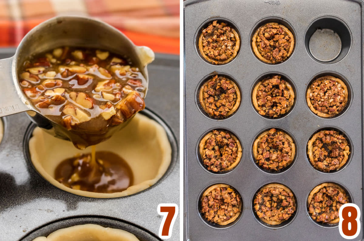 Collage image showing how to fill the mini pie crusts with the pecan pie filling.