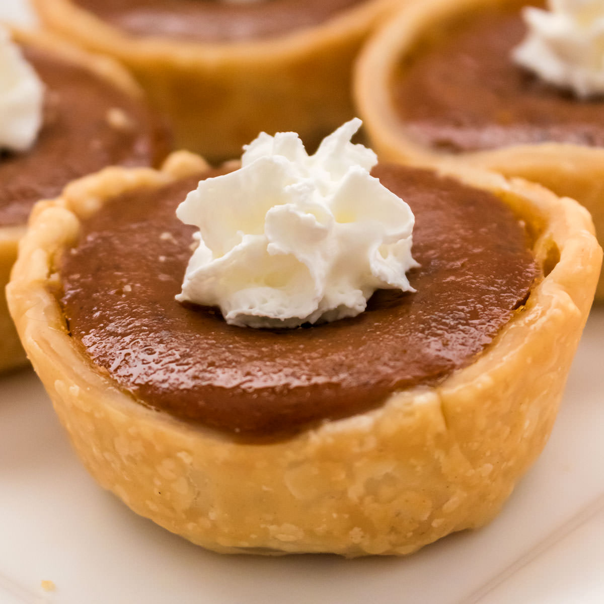 Closeup on a Mini Pumpkin Pie topped with a tiny dollop of whipped cream on a white dessert plate.