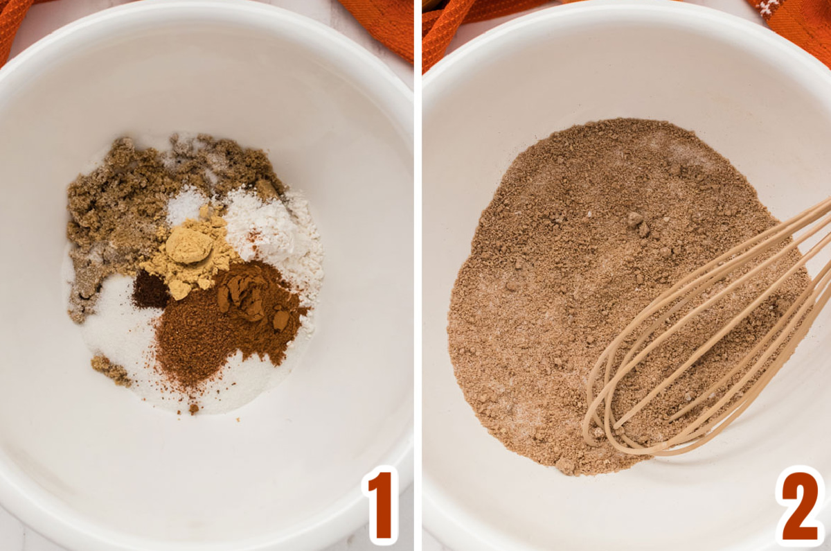 Collage image showing how to prepare the dry ingredients for the Pumpkin Pie Filling.