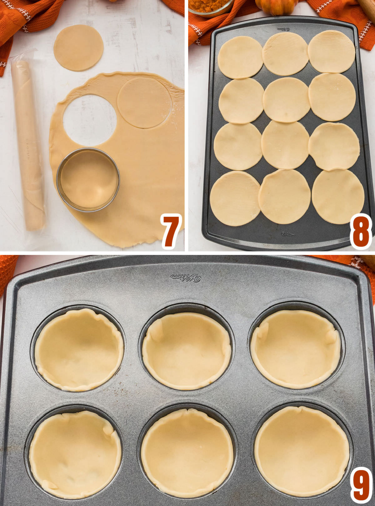 Collage image showing the steps for preparing the Pie Crust in the muffin tins.