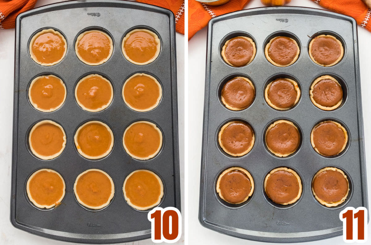 Collage image showing the Mini Pumpkin Pies before going into the oven and after then come out of the oven.