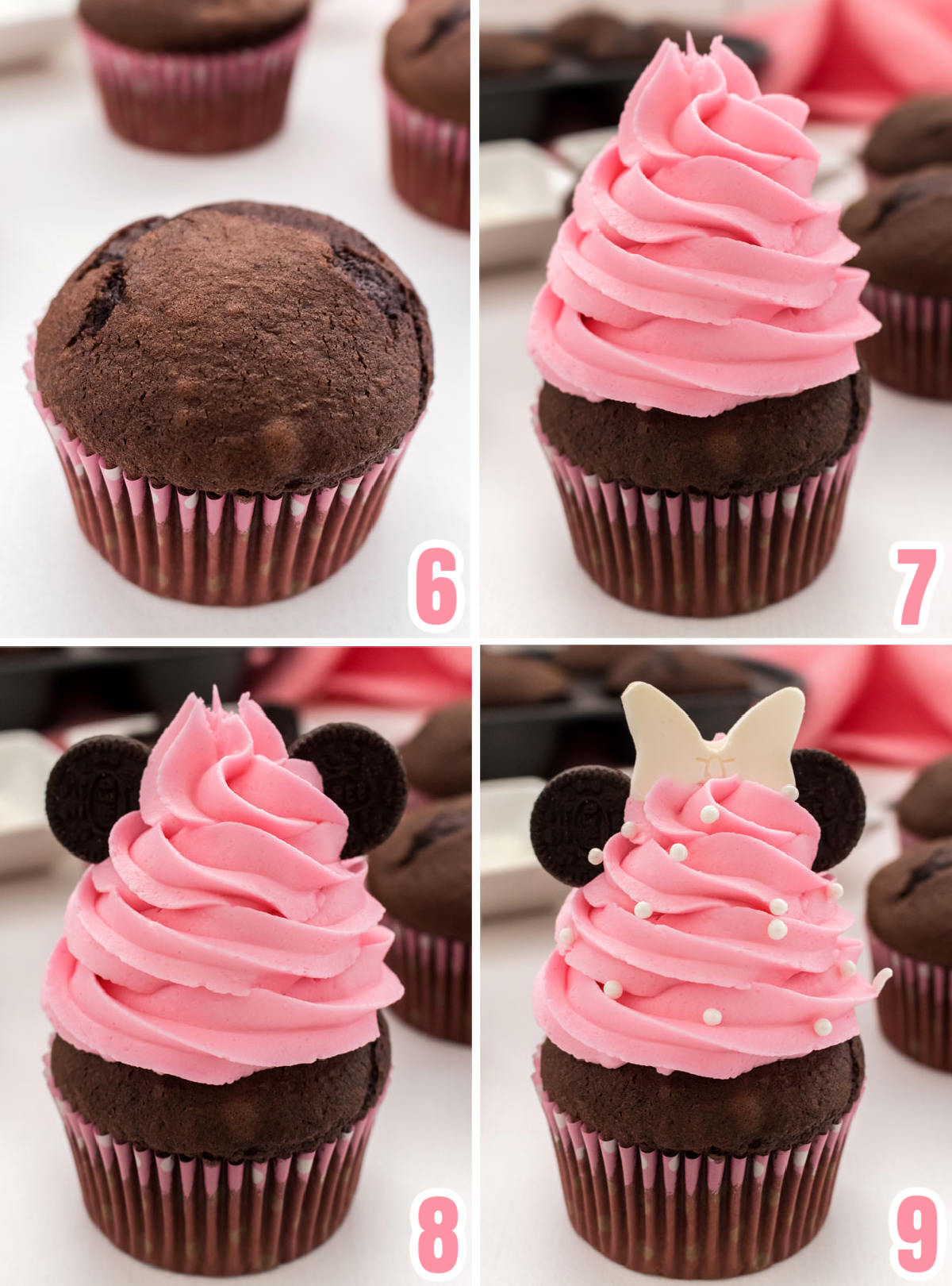 Collage image showing the steps to decorating the Minnie Mouse Cupcake including frosting, adding the ears and the sugar pearls.