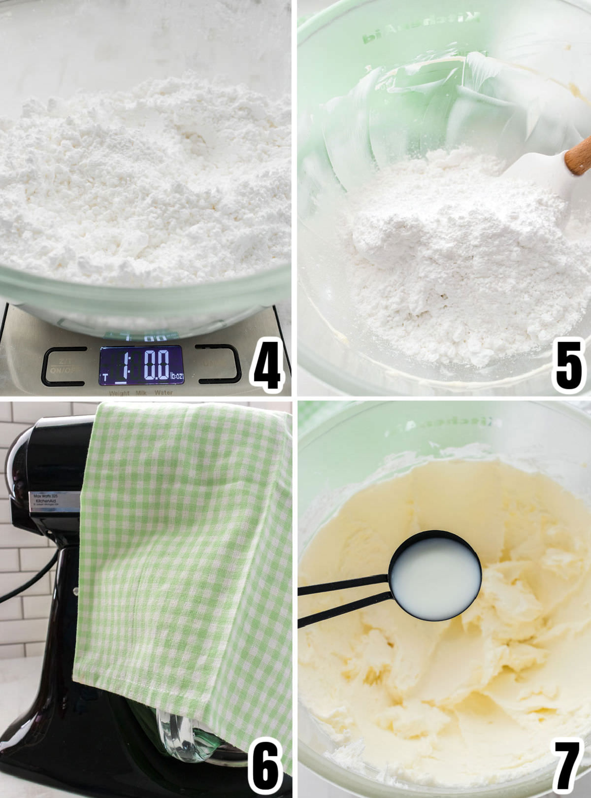 Collage image showing the steps for adding the powdered sugar to the Mint Chip Buttercream Frosting.