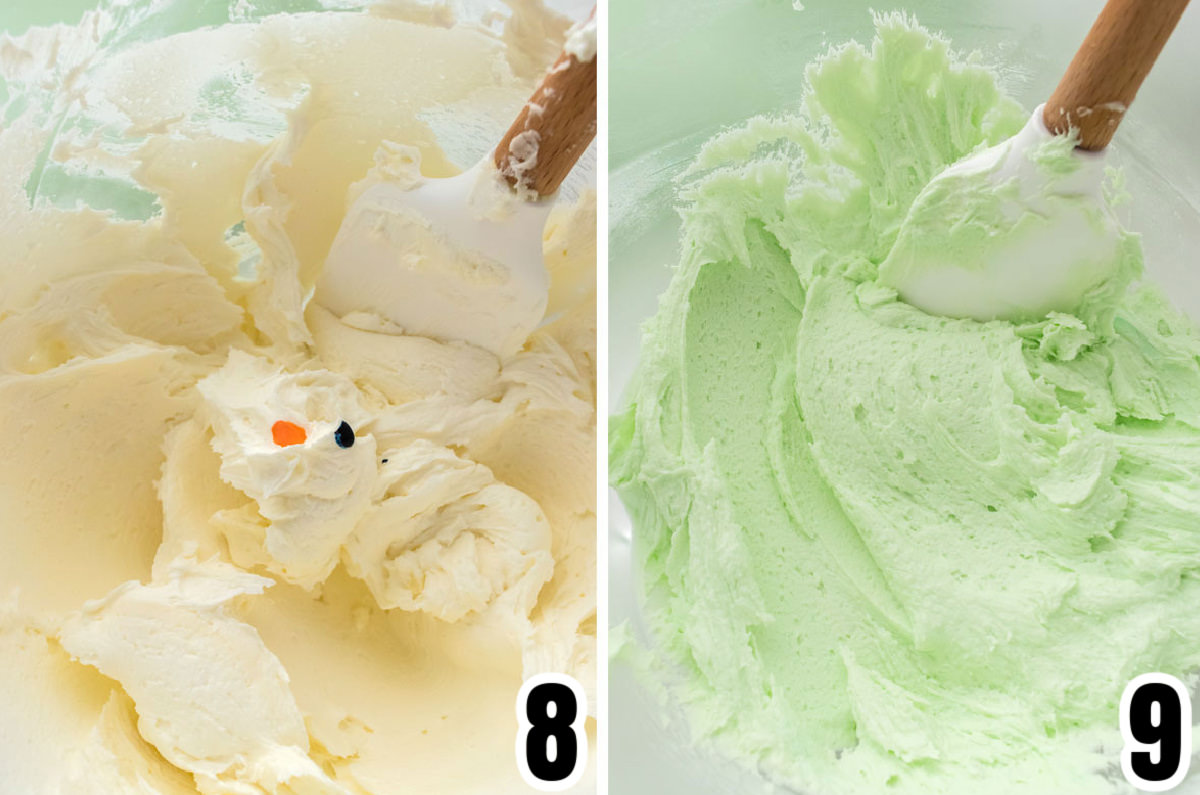 Collage image showing the steps for coloring the Mint Frosting green.