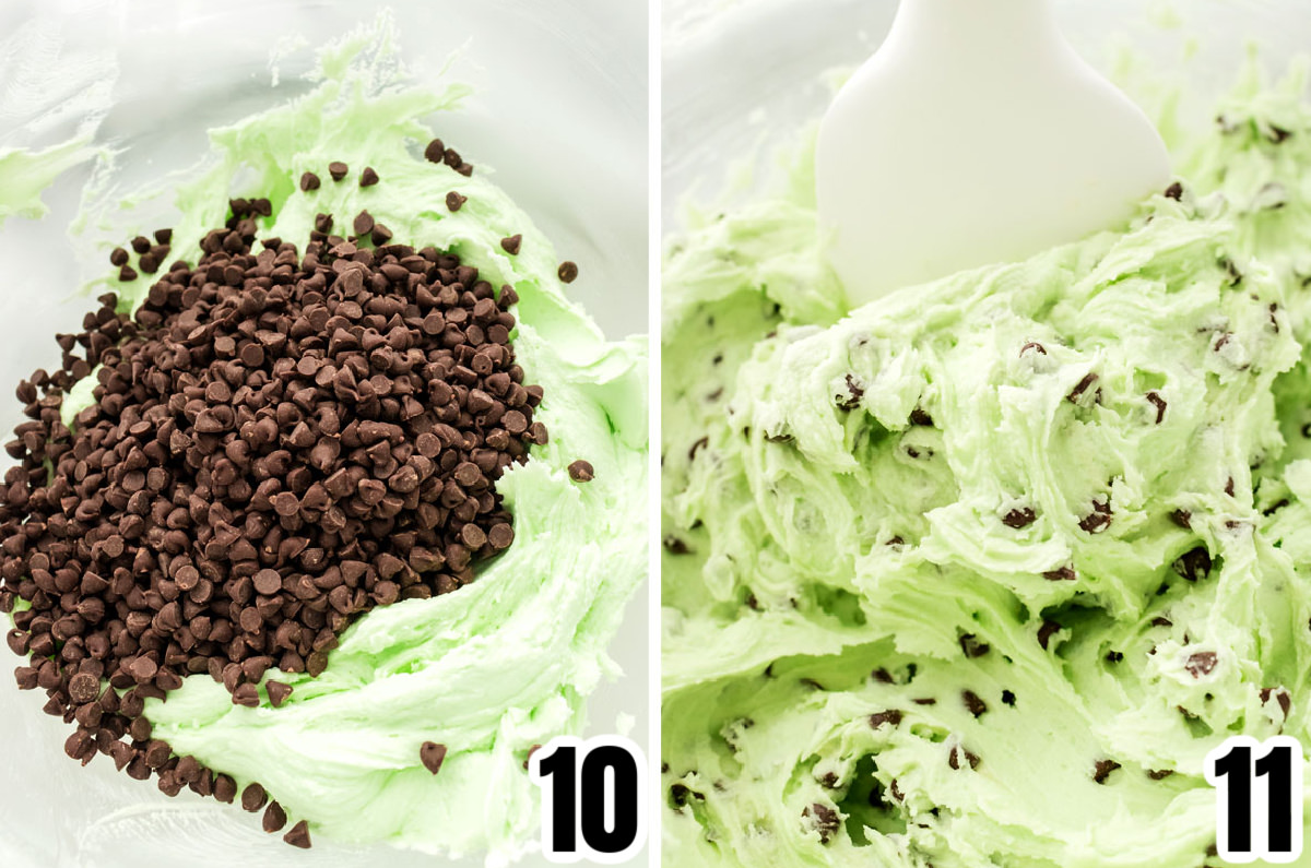 Collage image showing the steps for adding the chocolate chips into the frosting.