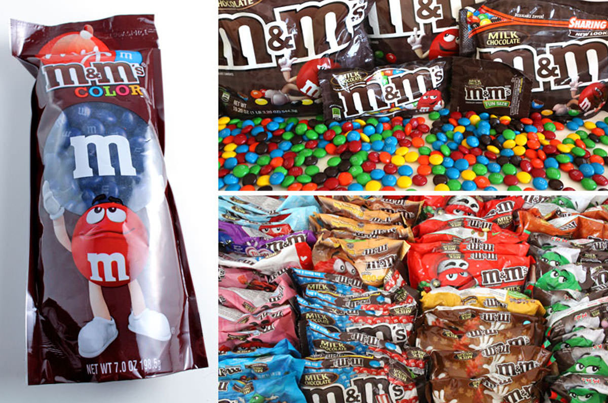 Collage image showing many different kinds of bags of M&M's.