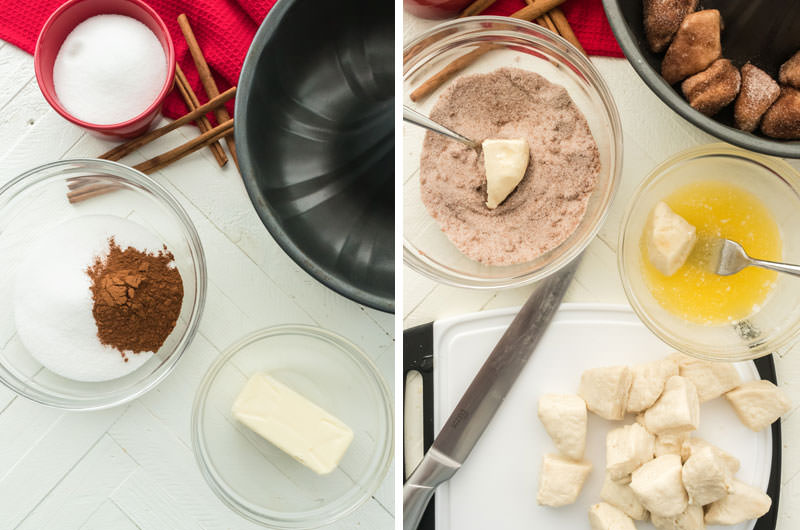 collage image showing how to coat the Monkey Bread biscuit pieces with cinnamon sugar