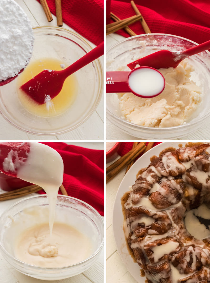 collage of images showing how to making the icing for the Monkey Bread