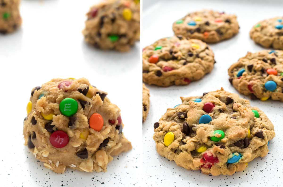 Collage image showing a ball of Monster Cookie dough on a cookie sheet and a sheet of cookies just out of the oven.