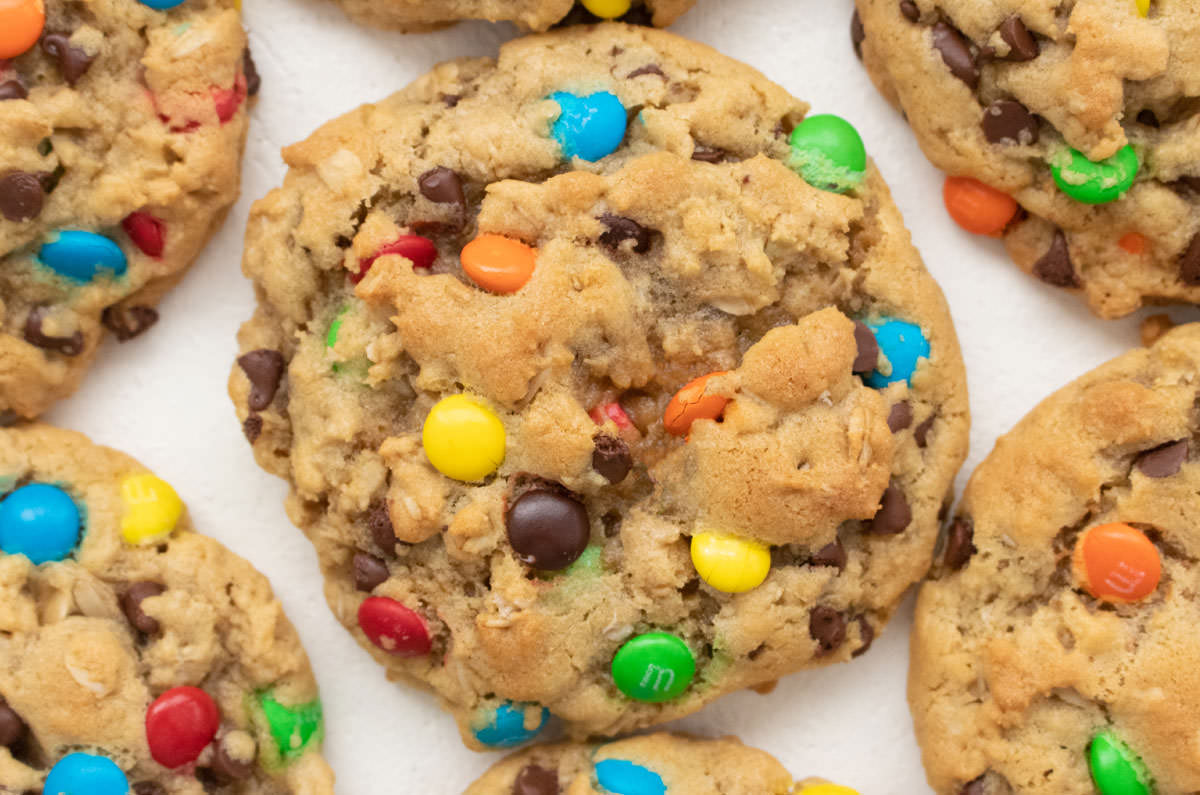 Close-up image of a Monster Cookie just out of the oven.