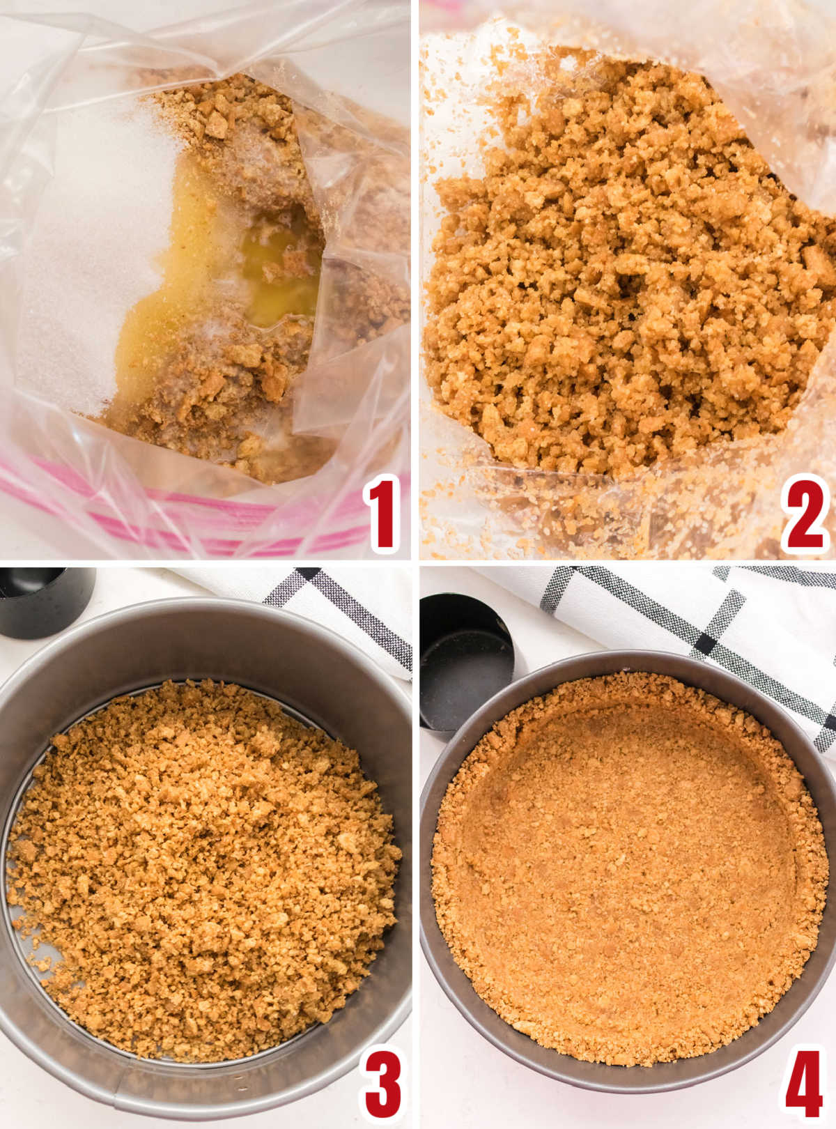 Collage image showing how to make the graham cracker crust for the no bake cheesecake.