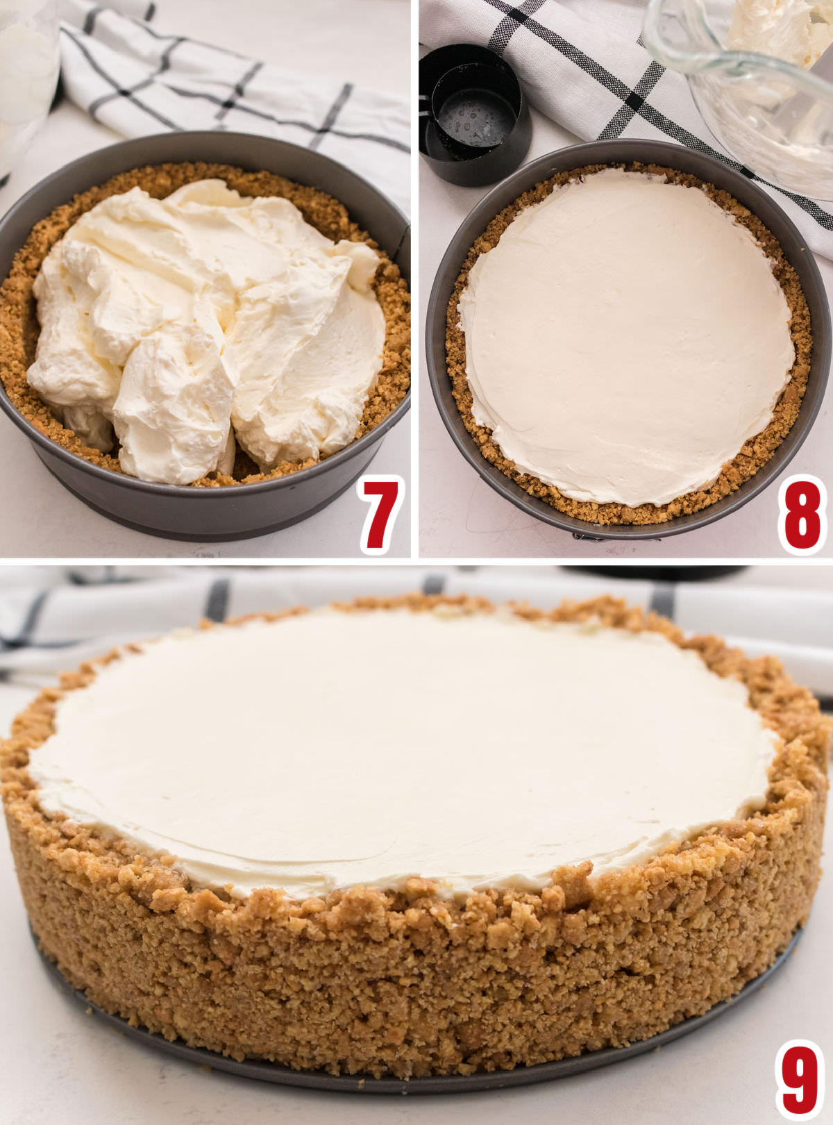 Collage image showing how to pour the cream cheese filling into the graham cracker crust.