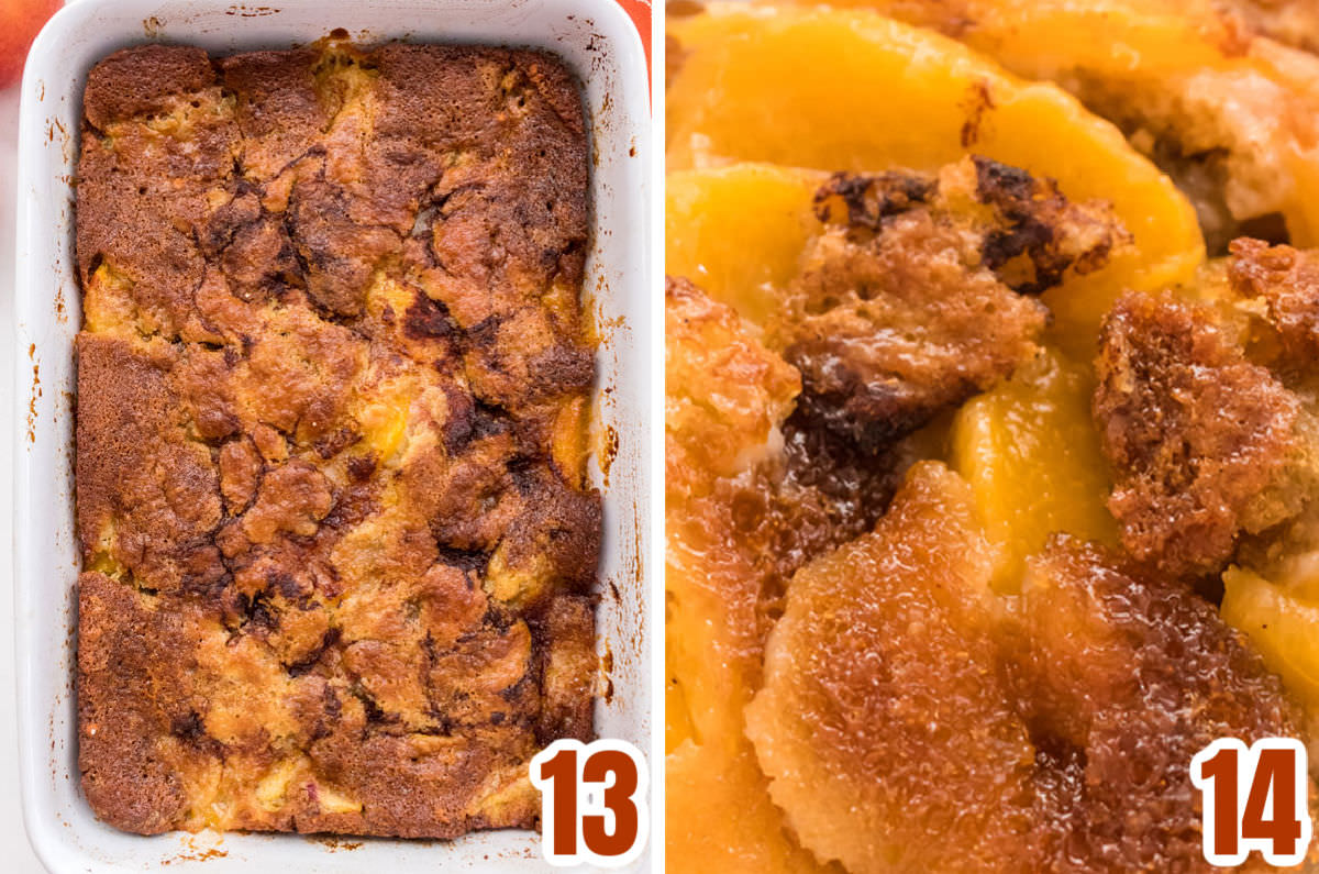 Collage image showing the Peach Cobbler after coming out of the oven.