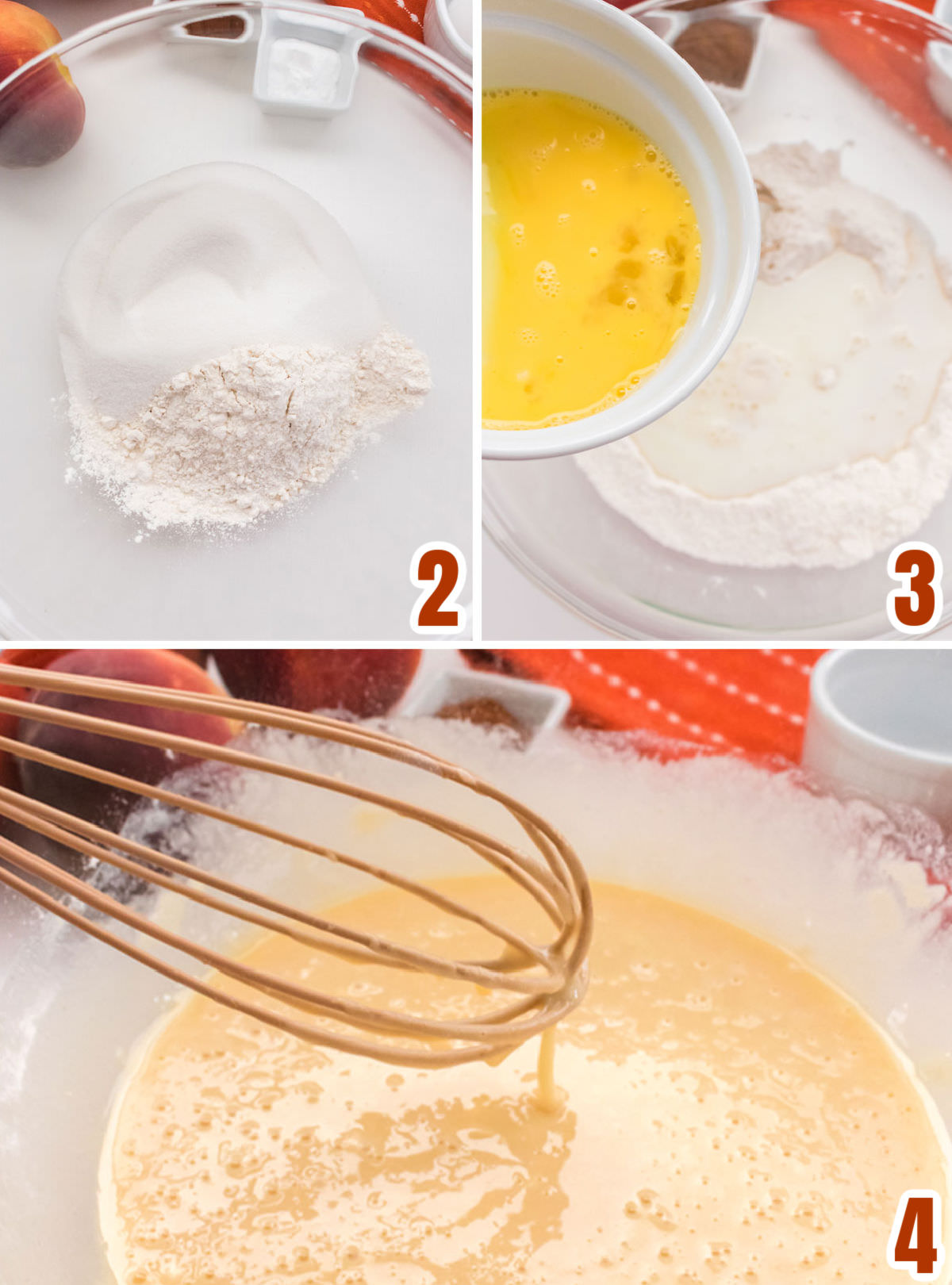 Collage image showing the steps for making the Peach Cobbler batter.
