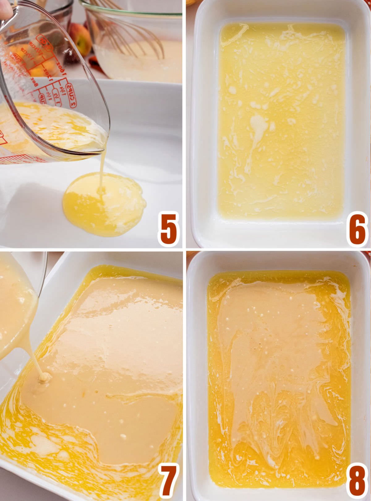 Collage image showing the steps for pouring the melted butter and the cobbler batter into the backing pan.