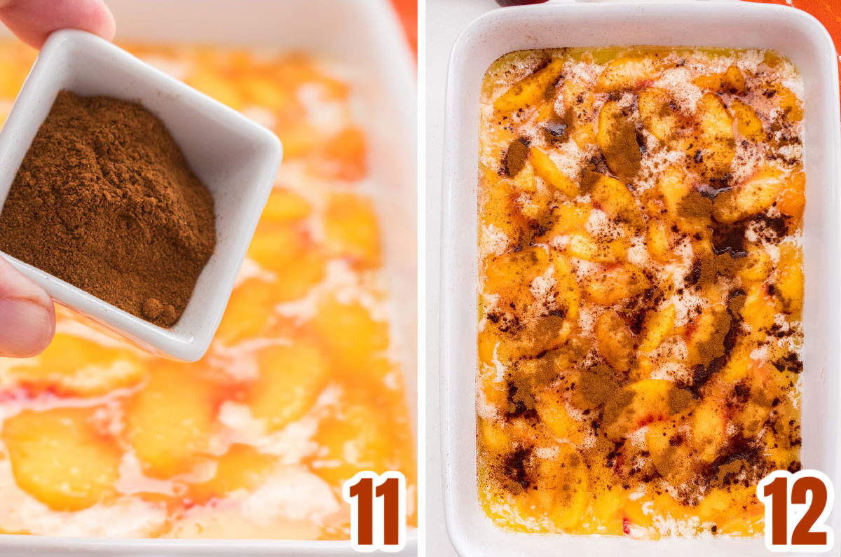 Collage image showing how to add the peaches to the baking pan and how to top with cinnamon.