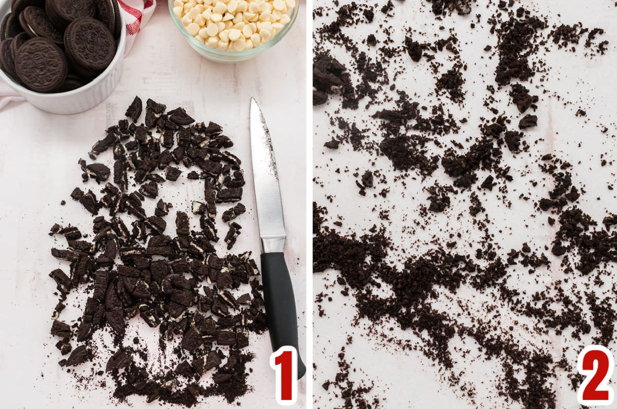 Collage image showing how to chop up the Oreo cookies.