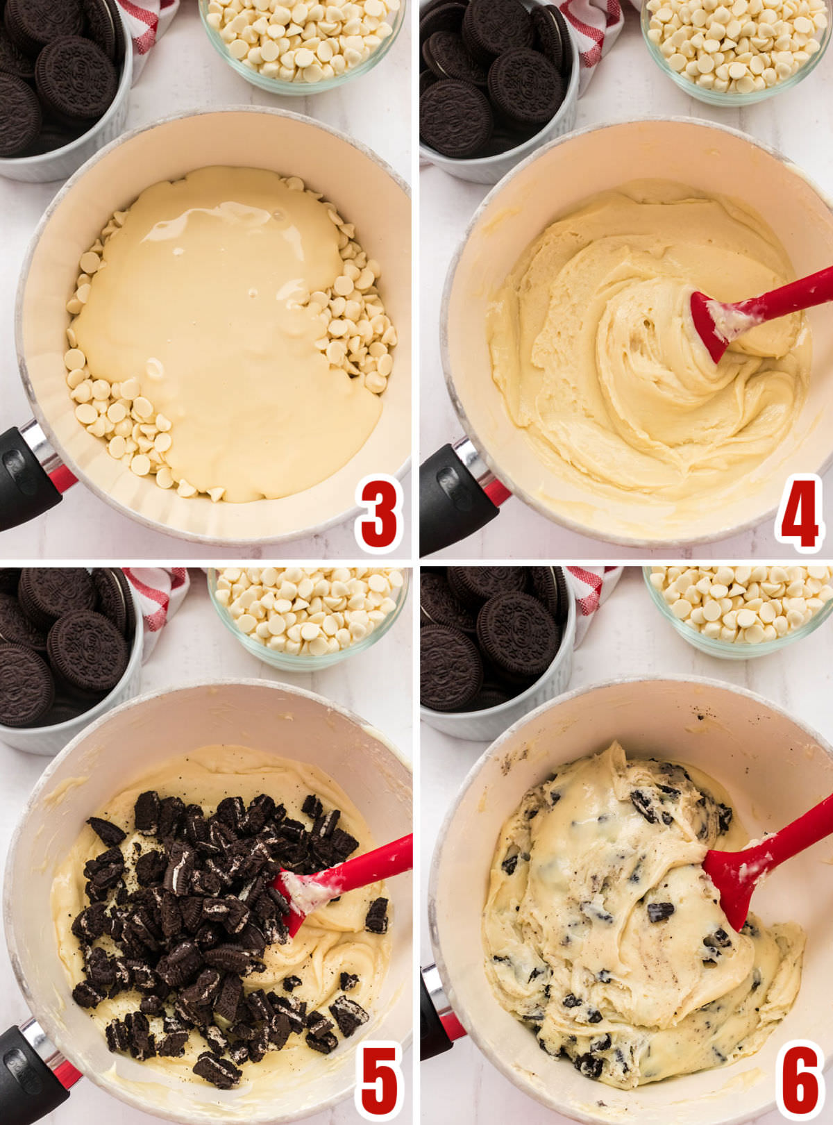 Collage image showing the steps for making the Oreo Fudge mixture.