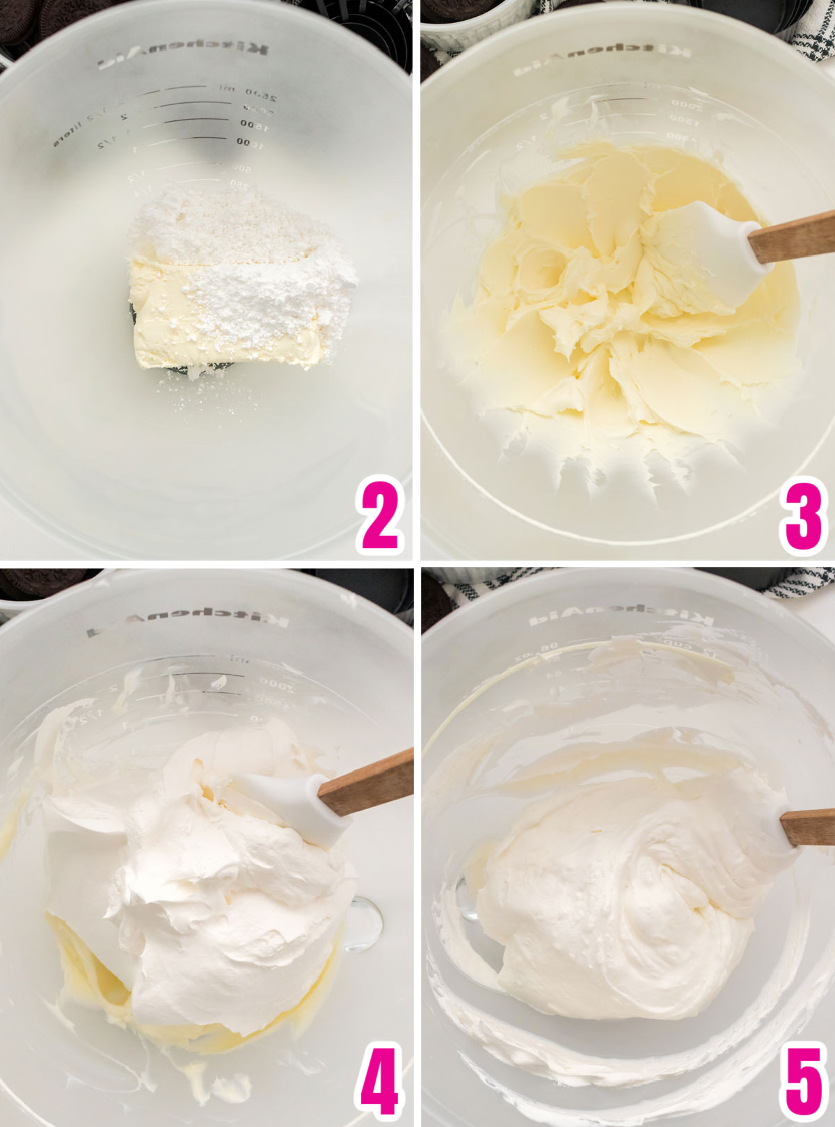 Collage image showing how to make the cream pie filling using cream cheese and whipping cream.