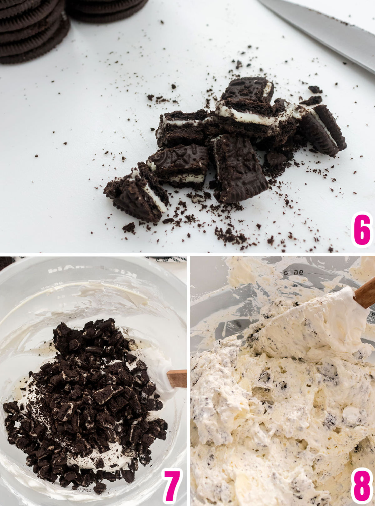 Collage image showing the steps for adding the Oreo cookie pieces to the cream pie filling.