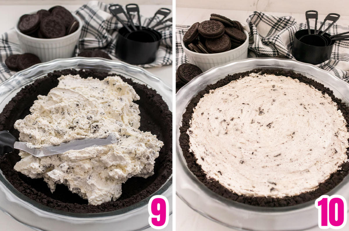 Collage image showing how to assemble the pie in the Oreo Cookie Crust.