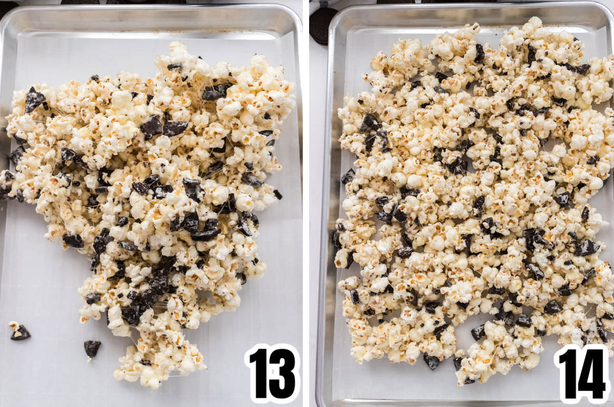 Collage image showing how to pour popcorn out onto a cookie sheet to cool.