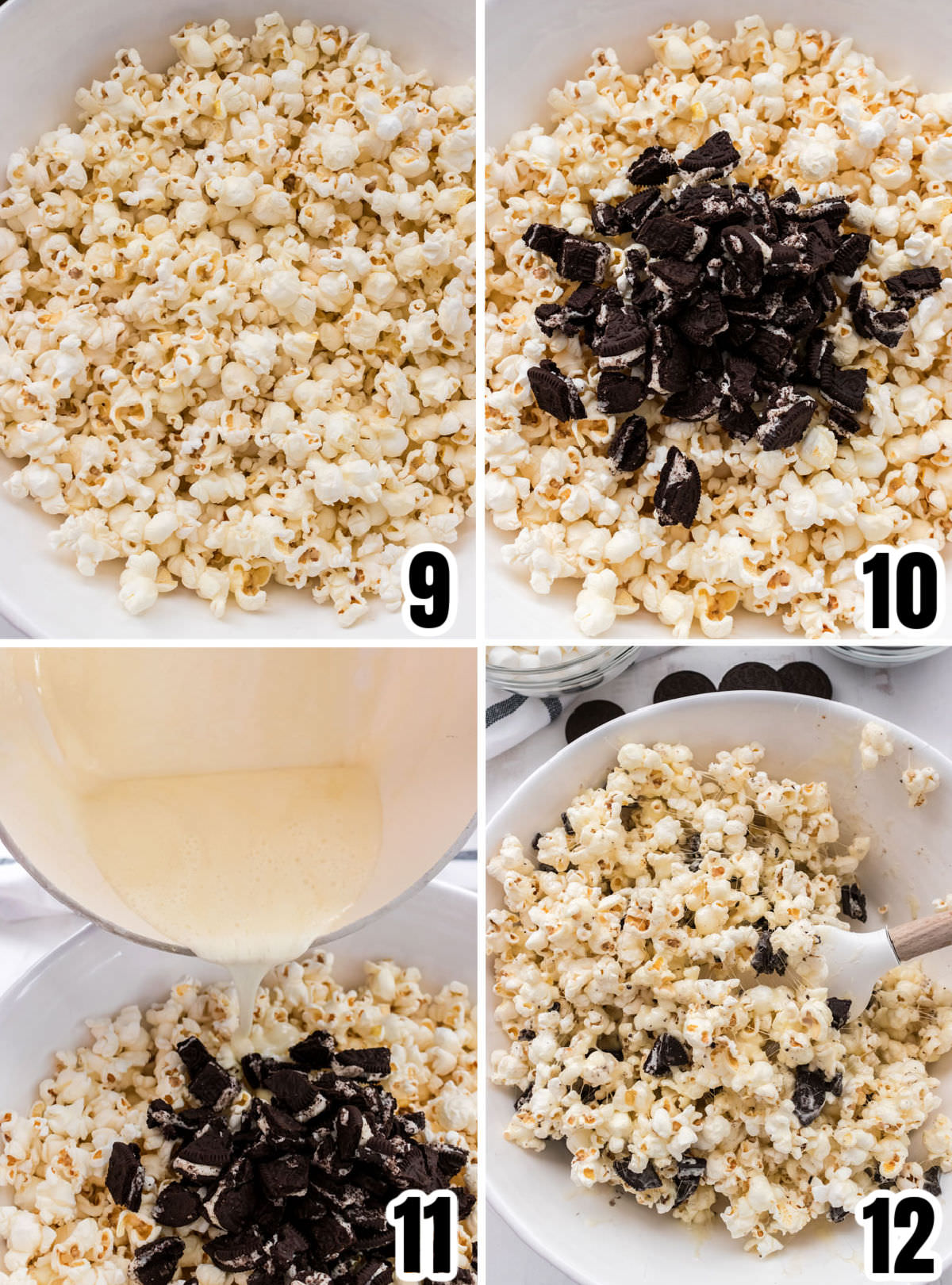 Collage image showing how to cover the popcorn in the marshmallow mixture.