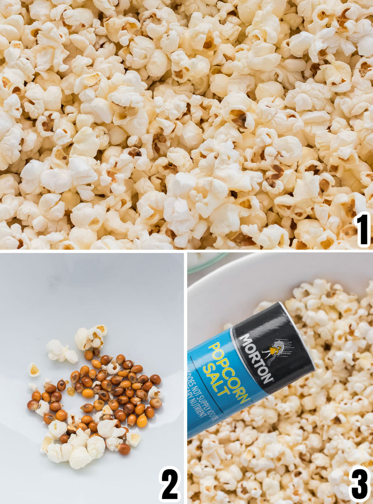 Collage image showing how to make the popcorn for the Oreo Popcorn.