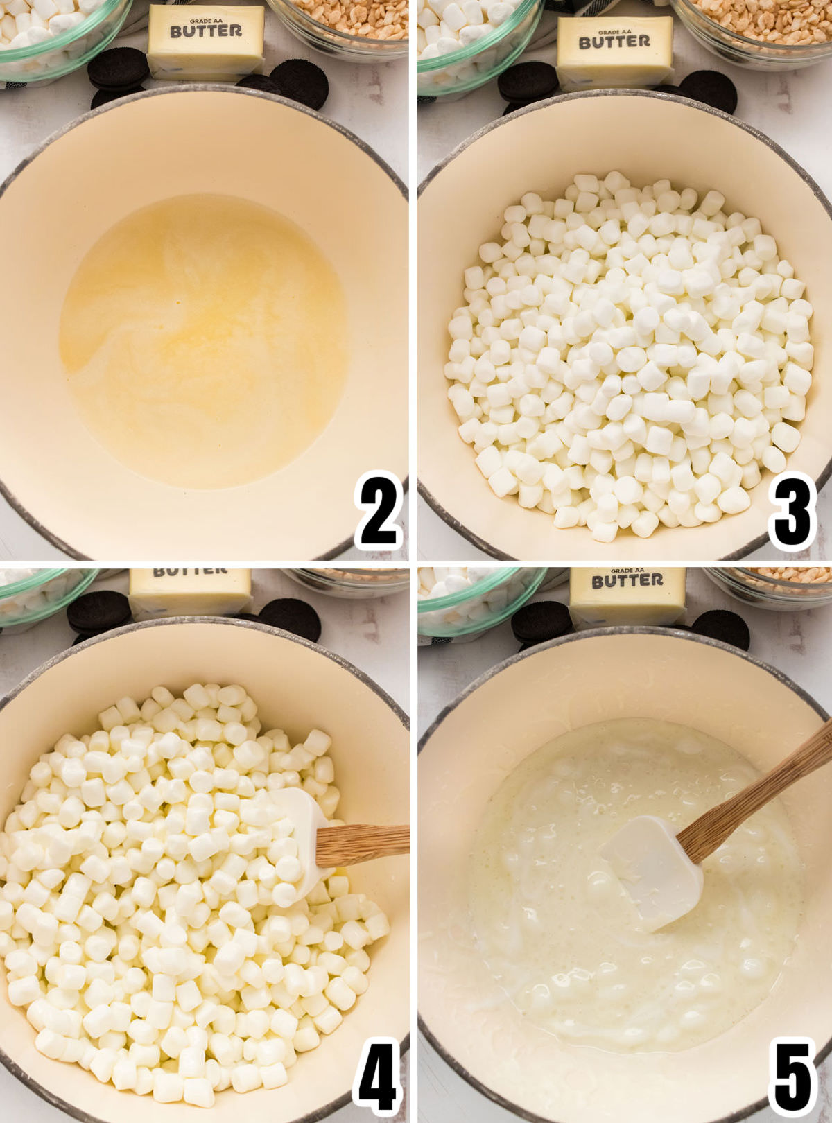 Collage image showing the steps for how to make the Marshmallow Mixture for the Oreo Rice Krispie Treats.