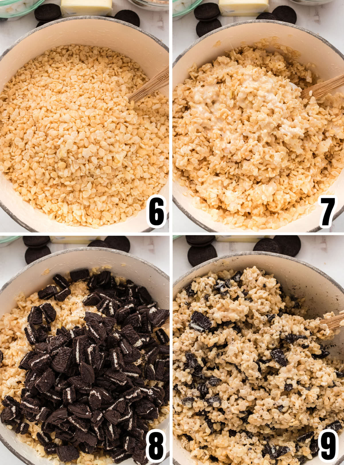 Collage image showing the steps for adding the Rice Krispie Cereal and the Oreo Cookies to the marshmallow mixture.