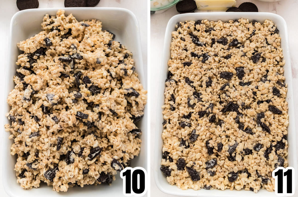 Collage image showing how to pour the Rice Krispie Treat mixture into the 9x13" pan.