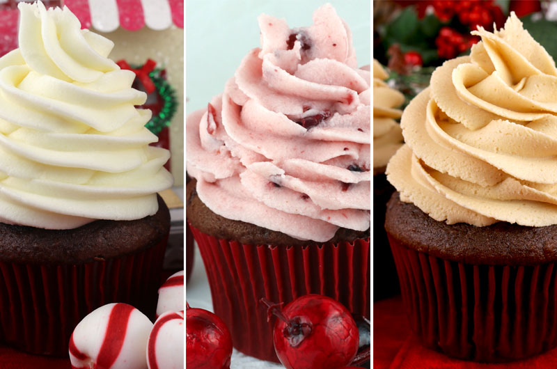 Collage image showing three popular Christmas Frostings on cupcakes.