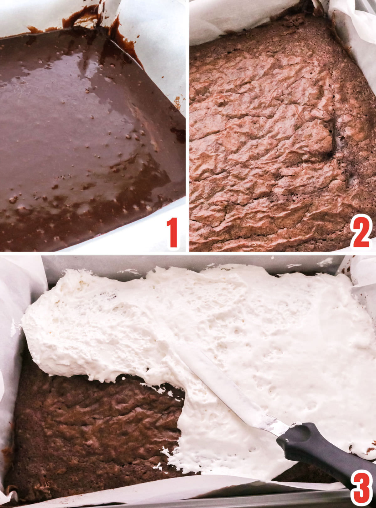Collage image showing the steps for making the brownie batter, baking the brownies and covering the brownies with marshmallow creme.