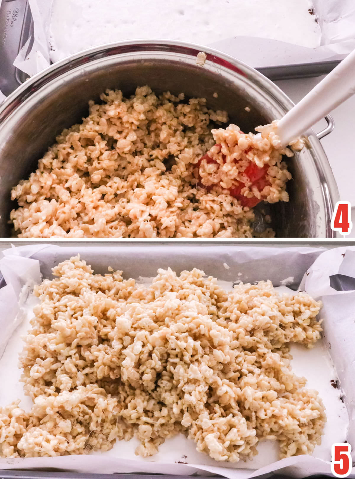 Collage image showing the steps for adding the Rice Krispie Treat layer.