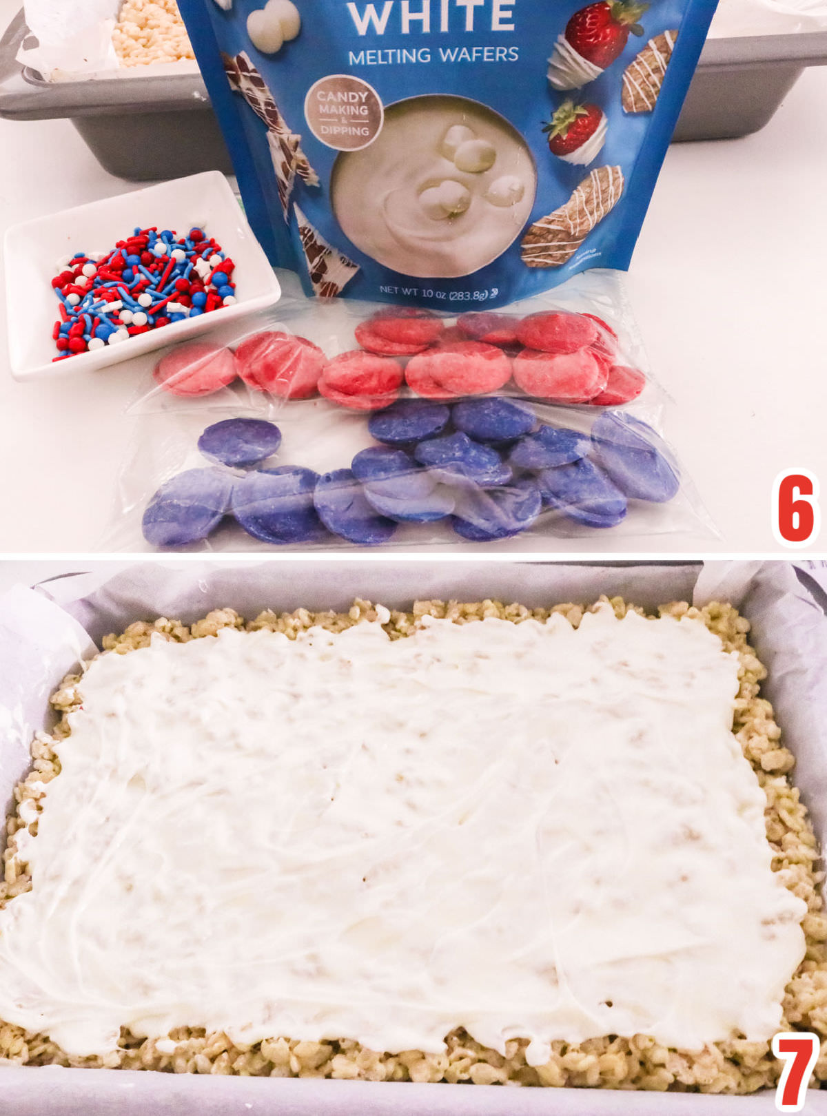 Collage image showing the steps for covering the cookie bar with melted white chocolate.
