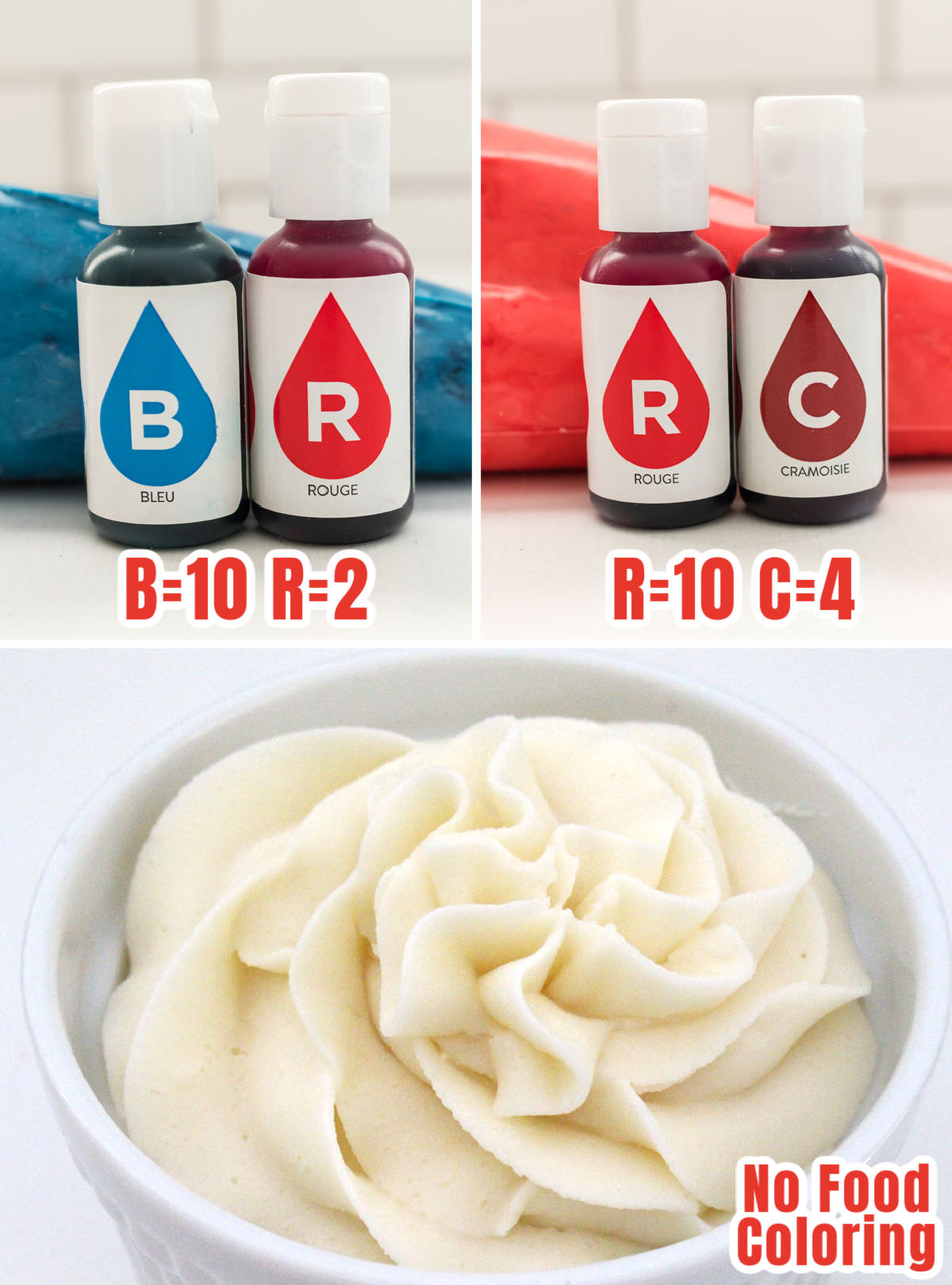 Collage image showing the food coloring formulas to make Red White and Blue Buttercream Frosting.