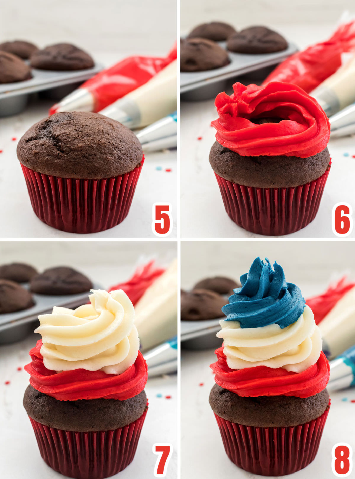 Collage image showing how to make the multi-colored swirl of frosting for the Patriotic Swirl Cupcake.