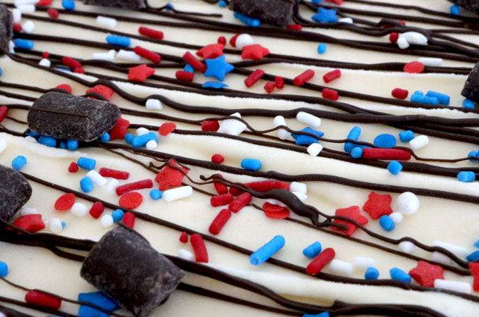 Patriotic Ice Cream Cookie Pizza - a fun and yummy dessert pizza made with chocolate cookie and vanilla ice cream topped with gorgeous red white and blue sprinkles. This Fourth of July dessert will wow the guests at your 4th of July party. Pin this 4th of July treat for later and follow us for more great 4th of July Food ideas. #4thofJuly #fourthofjuly #4thofJulyTreats #4thofJulyDesserts #4thofJulyFoodIdeas