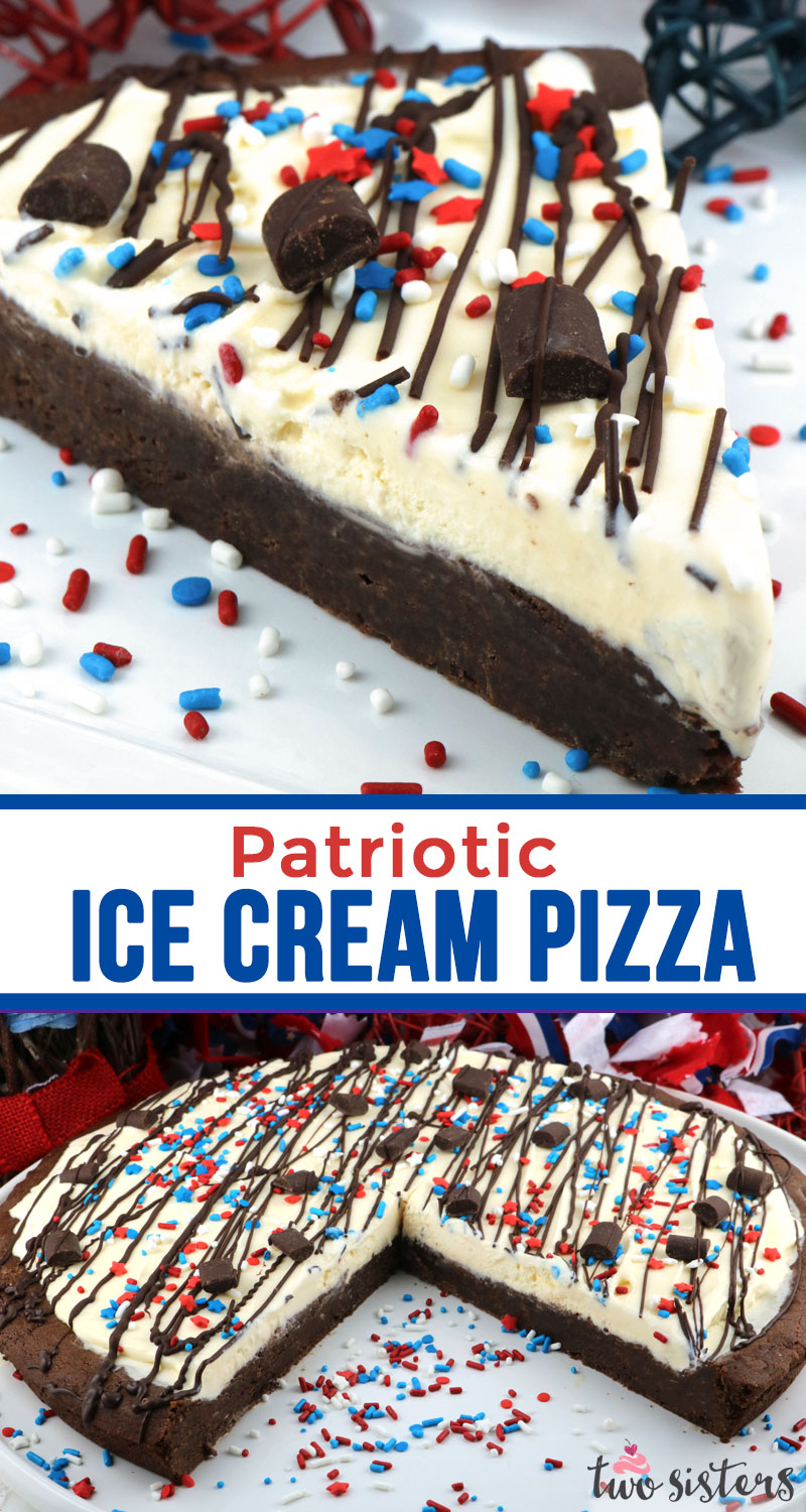 Patriotic Ice Cream Cookie Pizza - a fun and yummy dessert pizza made with chocolate cookie and vanilla ice cream topped with gorgeous red white and blue sprinkles. This Fourth of July dessert will wow the guests at your 4th of July party. Pin this 4th of July treat for later and follow us for more great 4th of July Food ideas. #4thofJuly #fourthofjuly #4thofJulyTreats #4thofJulyDesserts #4thofJulyFoodIdeas