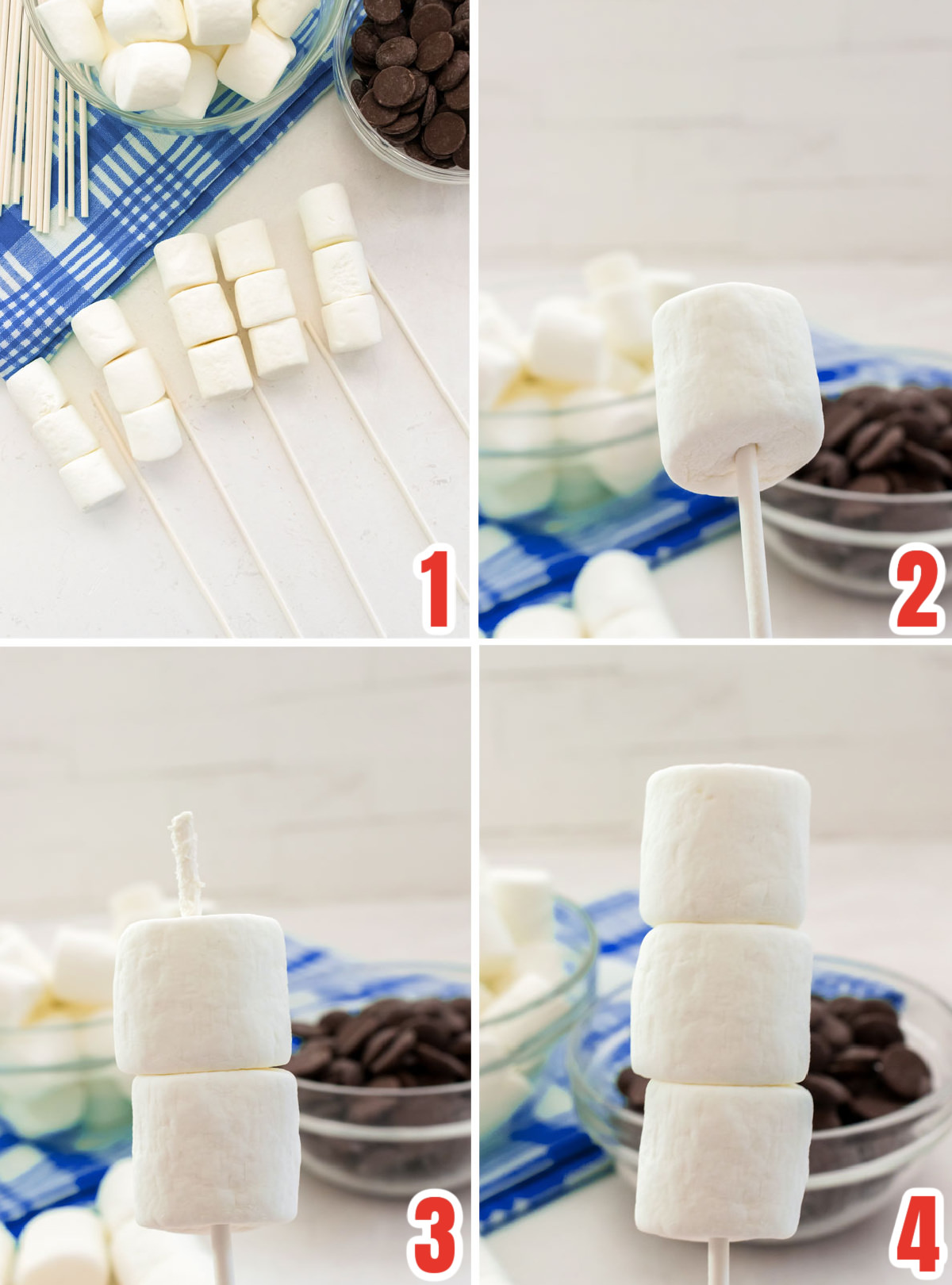 Collage image showing the steps you need to take to create the marshmallow pop by placing the marshmallows on the lollipop stick.